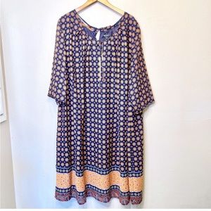 Ulla Popken | Plus Size Patterned 3/4 Sleeve Scoop Neck Fully Lined Boho Dress